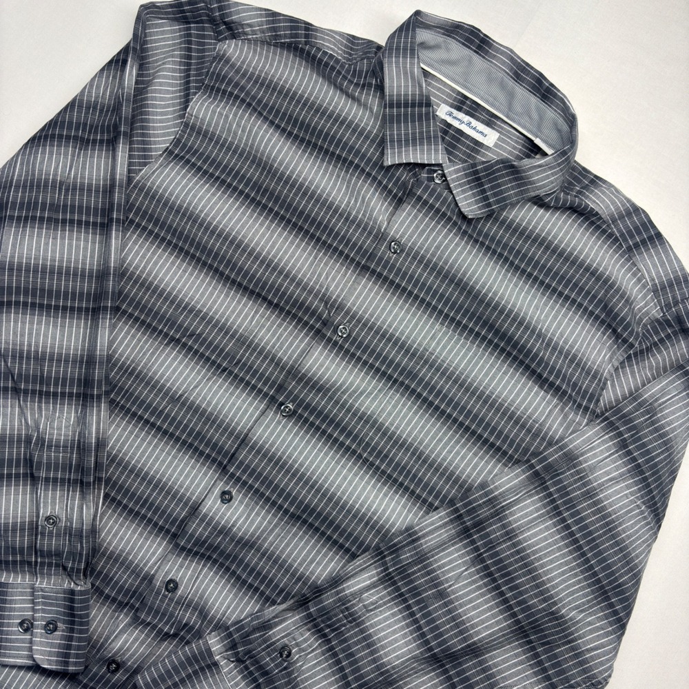 Tommy Bahama Mens XL Grey Ombre Plaid Silk Blend Long Sleeve Button Down Shirt